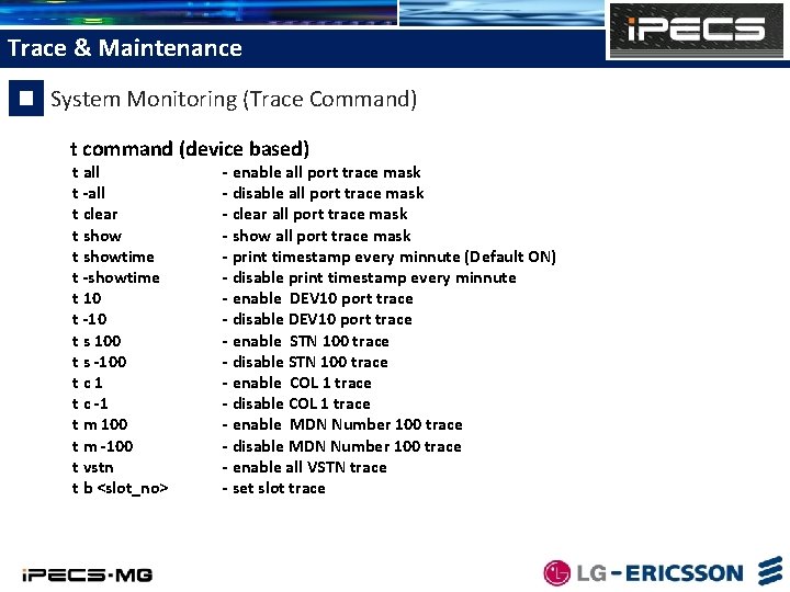Trace & Maintenance System Monitoring (Trace Command) t command (device based) t all t