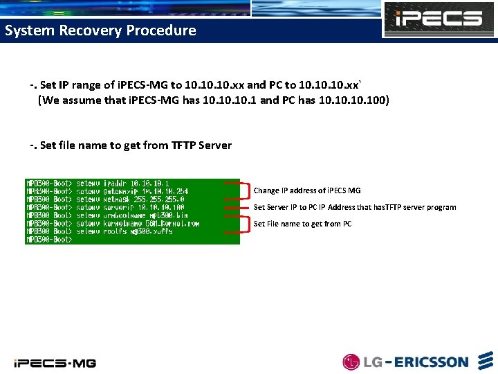 System Recovery Procedure -. Set IP range of i. PECS-MG to 10. 10. xx