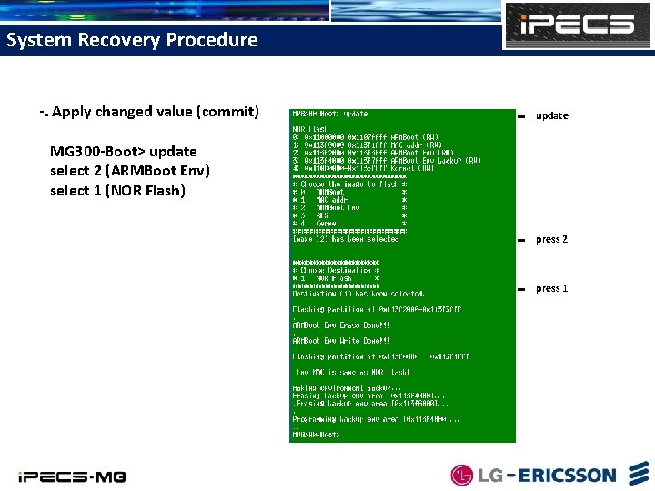 System Recovery Procedure -. Apply changed value (commit) update MG 300 -Boot> update select