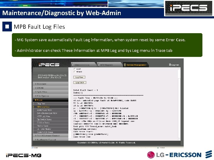 Maintenance/Diagnostic by Web-Admin MPB Fault Log Files - MG System save automatically Fault Log