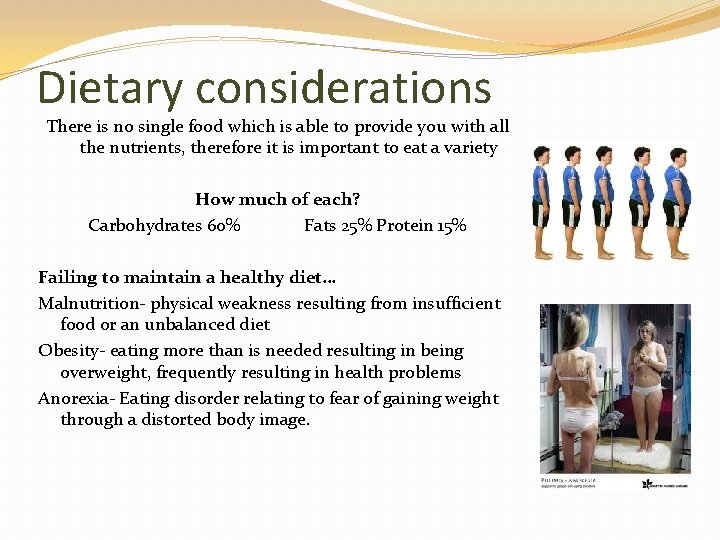 Dietary considerations There is no single food which is able to provide you with