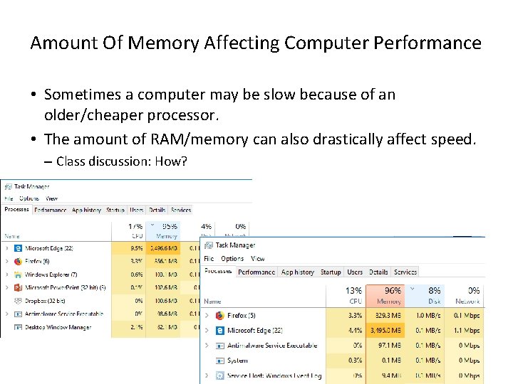 Amount Of Memory Affecting Computer Performance • Sometimes a computer may be slow because