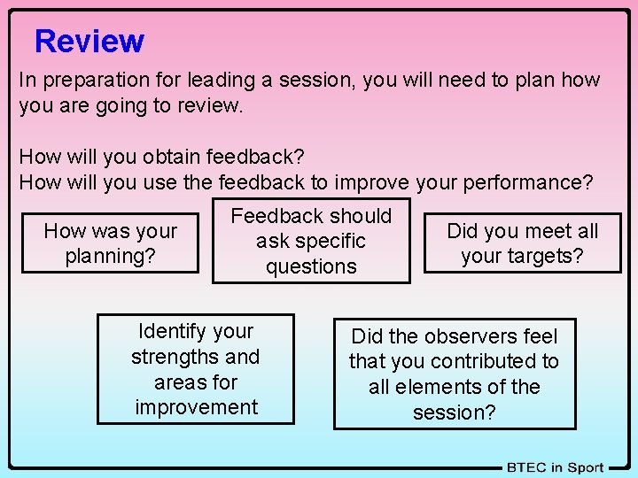 Review In preparation for leading a session, you will need to plan how you