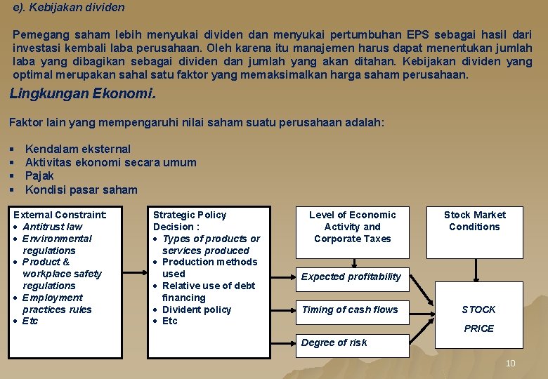 e). Kebijakan dividen Pemegang saham lebih menyukai dividen dan menyukai pertumbuhan EPS sebagai hasil