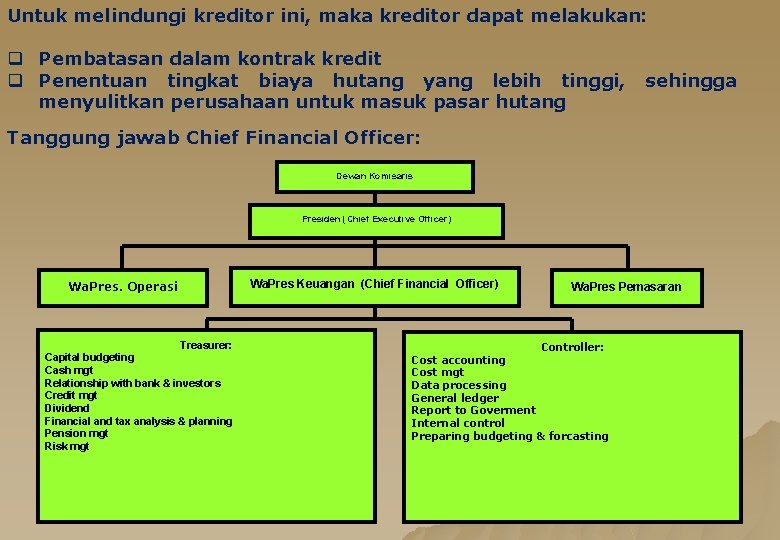 Untuk melindungi kreditor ini, maka kreditor dapat melakukan: q Pembatasan dalam kontrak kredit q