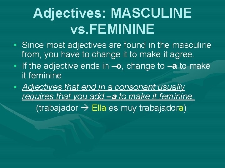 Adjectives: MASCULINE vs. FEMININE • Since most adjectives are found in the masculine from,