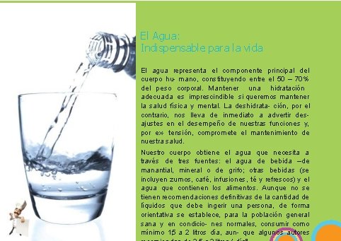 El Agua: Indispensable para la vida El agua representa el componente principal del cuerpo