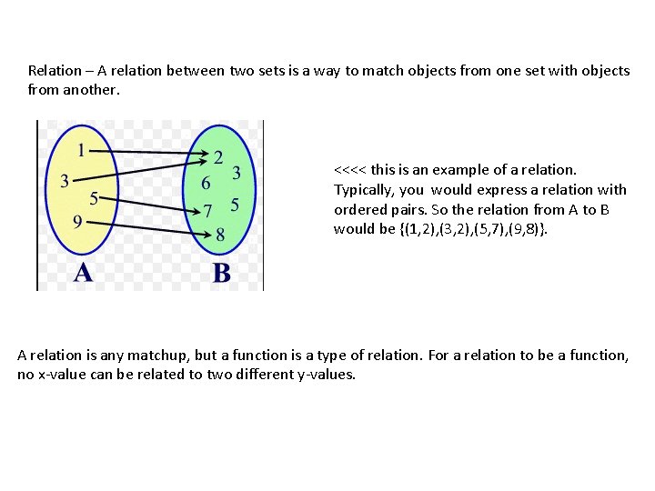 Relation – A relation between two sets is a way to match objects from