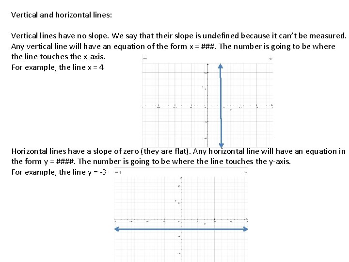 Vertical and horizontal lines: Vertical lines have no slope. We say that their slope