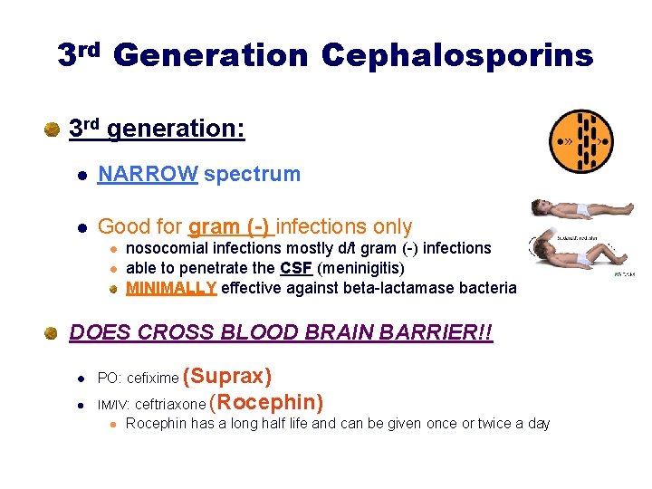 3 rd Generation Cephalosporins 3 rd generation: l NARROW spectrum l Good for gram