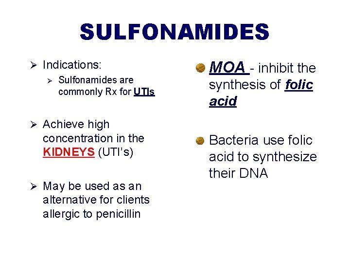 SULFONAMIDES Ø Indications: Ø Sulfonamides are commonly Rx for UTIs MOA - inhibit the