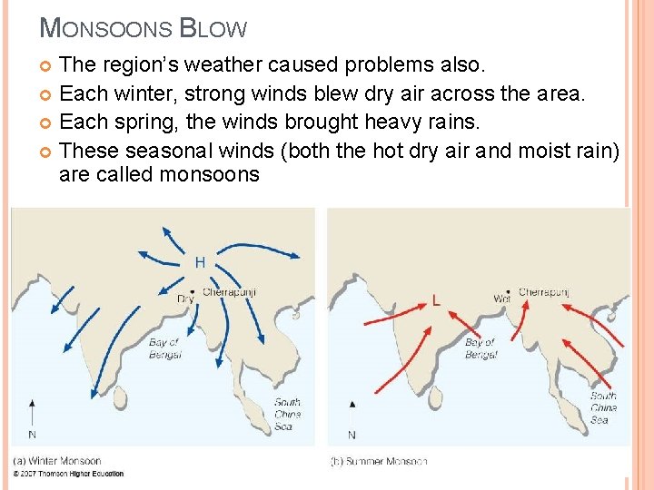 MONSOONS BLOW The region’s weather caused problems also. Each winter, strong winds blew dry