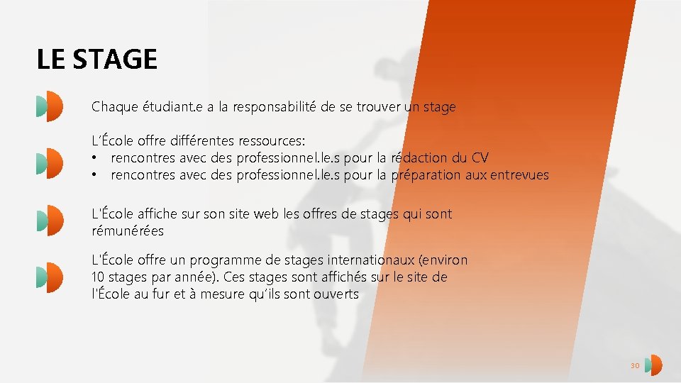 LE STAGE Chaque étudiant. e a la responsabilité de se trouver un stage L’École