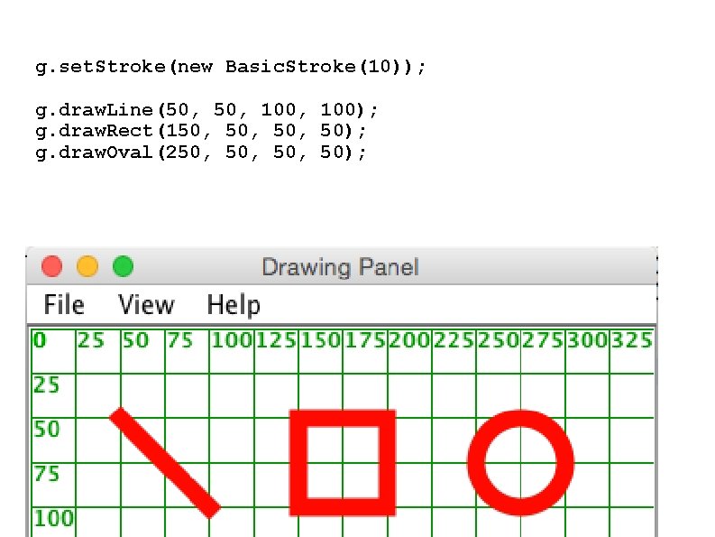 g. set. Stroke(new Basic. Stroke(10)); g. draw. Line(50, 100, 100); g. draw. Rect(150, 50, g. set. Stroke(new Basic. Stroke(10)); g. draw. Line(50, 100, 100); g. draw. Rect(150, 50,