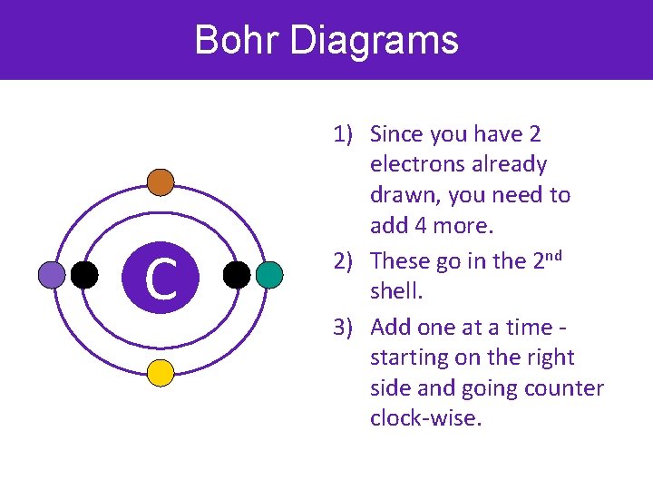 Bohr Diagrams C 1) Since you have 2 electrons already drawn, you need to