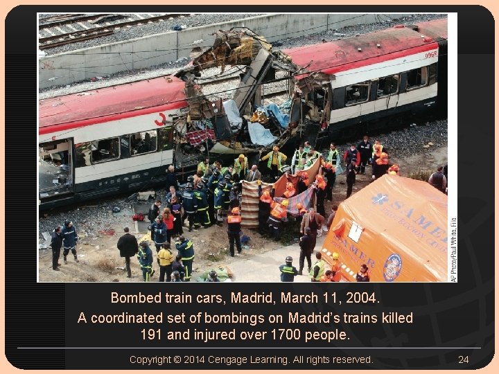 Bombed train cars, Madrid, March 11, 2004. A coordinated set of bombings on Madrid’s