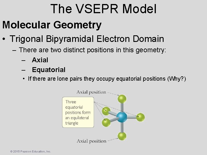 The VSEPR Model Molecular Geometry • Trigonal Bipyramidal Electron Domain – There are two