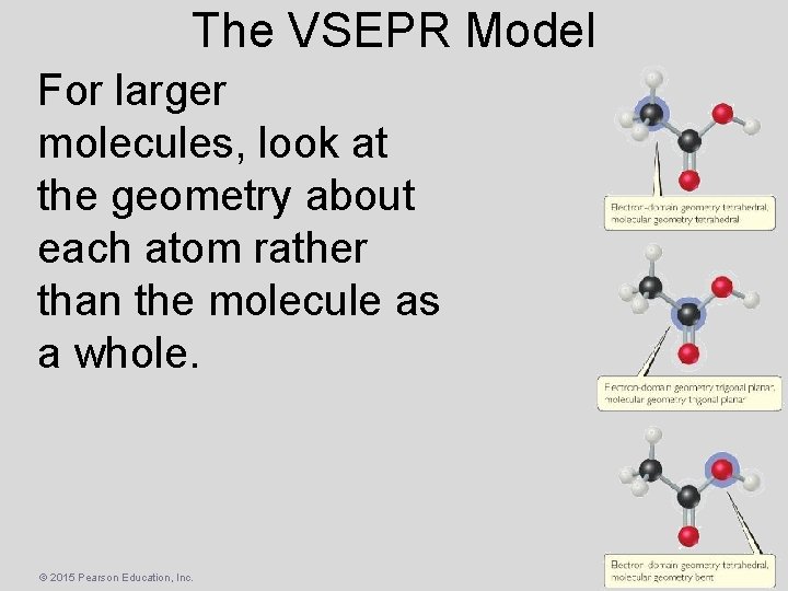 The VSEPR Model For larger molecules, look at the geometry about each atom rather