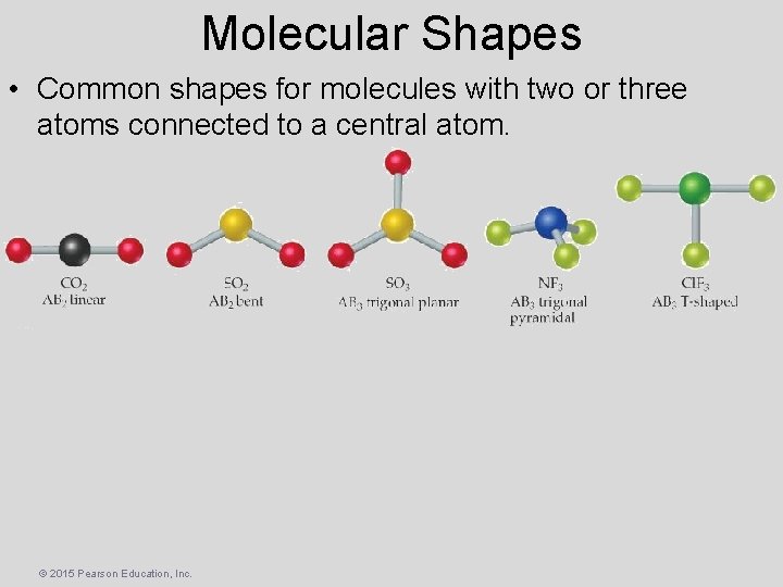 Molecular Shapes • Common shapes for molecules with two or three atoms connected to