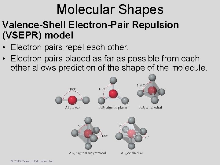 Molecular Shapes Valence-Shell Electron-Pair Repulsion (VSEPR) model • Electron pairs repel each other. •