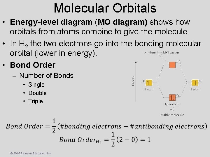 Molecular Orbitals • Energy-level diagram (MO diagram) shows how orbitals from atoms combine to