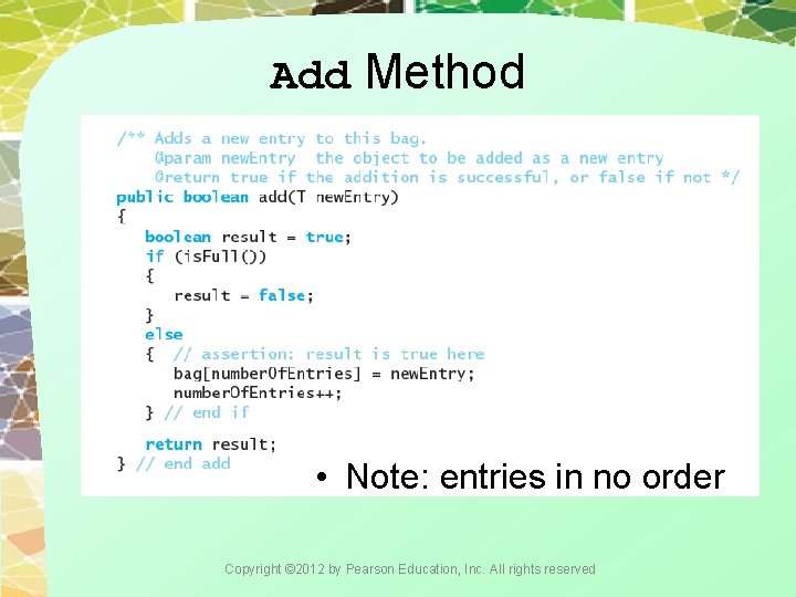 Add Method • Note: entries in no order Copyright © 2012 by Pearson Education,