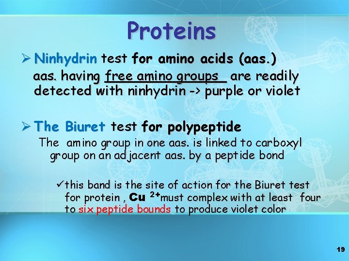 Proteins Ø Ninhydrin test for amino acids (aas. ) aas. having free amino groups