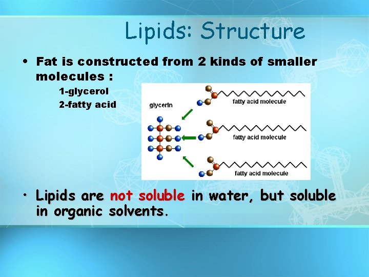 Lipids: Structure • Fat is constructed from 2 kinds of smaller molecules : 1