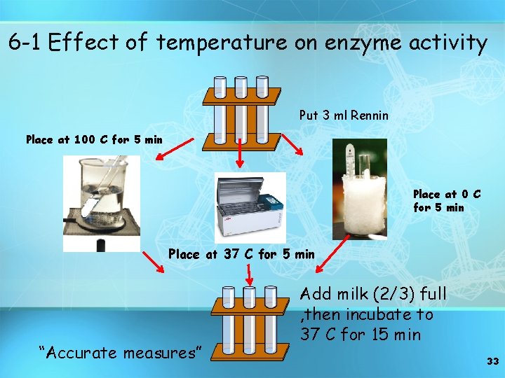 6 -1 Effect of temperature on enzyme activity Put 3 ml Rennin Place at