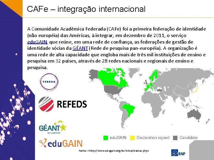 CAFe – integração internacional A Comunidade Acadêmica Federada (CAFe) foi a primeira federação de