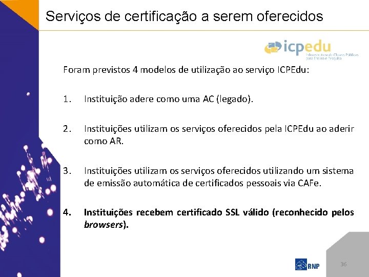 Serviços de certificação a serem oferecidos Foram previstos 4 modelos de utilização ao serviço