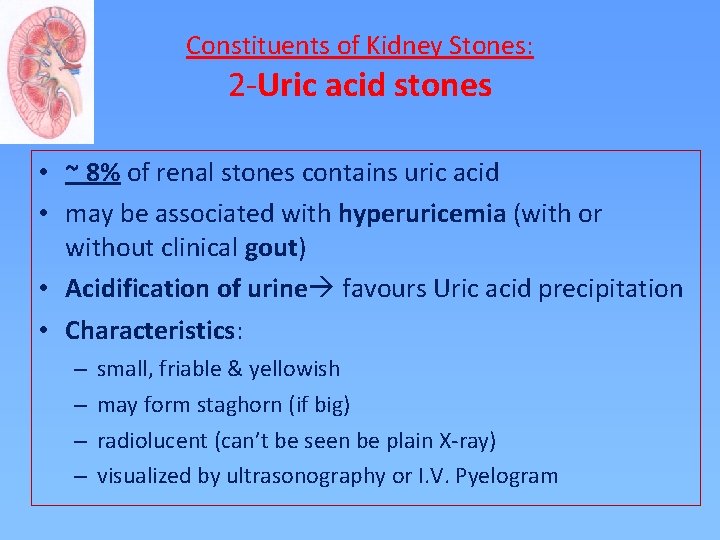 Constituents of Kidney Stones: 2 -Uric acid stones • ~ 8% of renal stones
