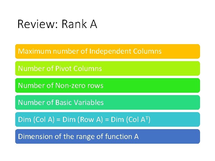 Review: Rank A Maximum number of Independent Columns Number of Pivot Columns Number of
