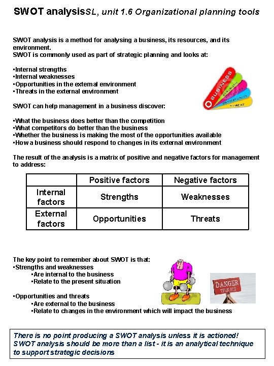 SWOT analysis. SL, unit 1. 6 Organizational planning tools SWOT analysis is a method