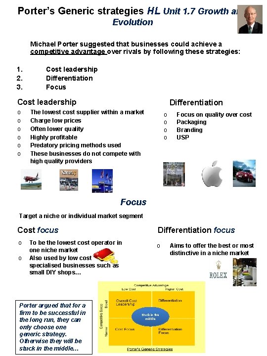 Porter’s Generic strategies HL Unit 1. 7 Growth and Evolution Michael Porter suggested that