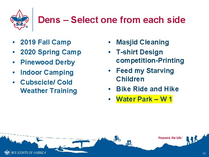 Dens – Select one from each side • • • 2019 Fall Camp 2020