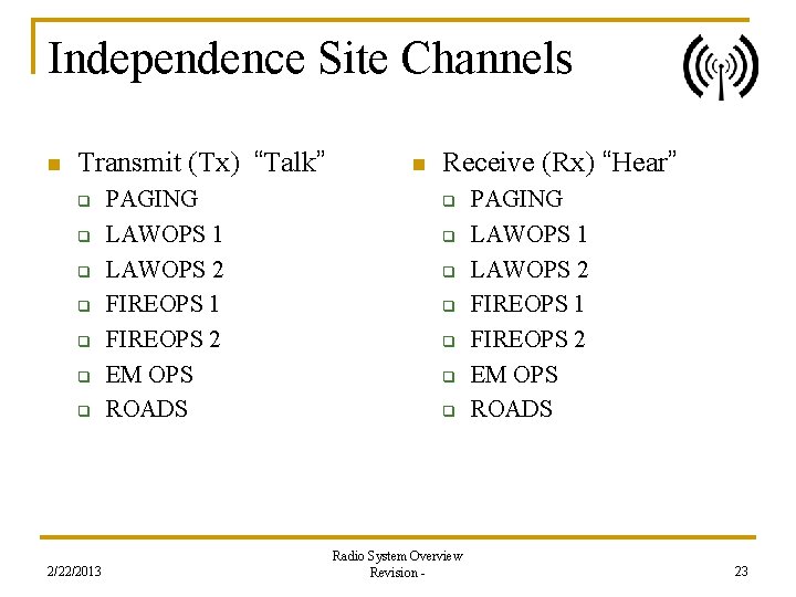 Independence Site Channels n Transmit (Tx) “Talk” q q q q 2/22/2013 PAGING LAWOPS
