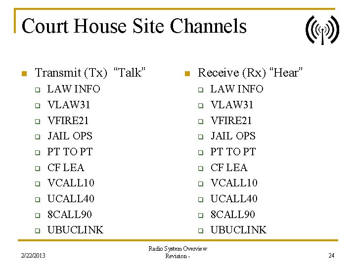 Court House Site Channels n Transmit (Tx) “Talk” q q q q q 2/22/2013