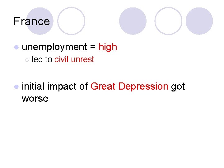 France ● unemployment = high ○ led to civil unrest ● initial impact of