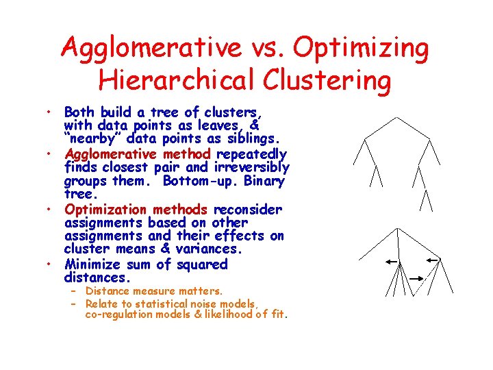 Agglomerative vs. Optimizing Hierarchical Clustering • Both build a tree of clusters, with data
