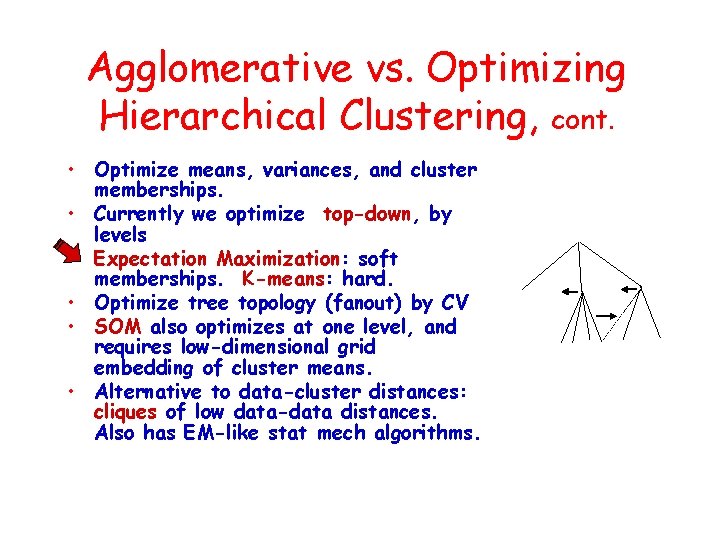 Agglomerative vs. Optimizing Hierarchical Clustering, cont. • Optimize means, variances, and cluster memberships. •
