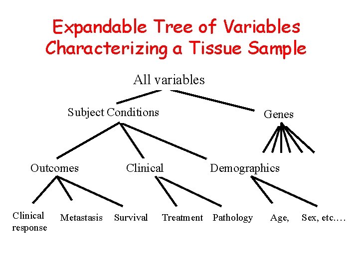 Expandable Tree of Variables Characterizing a Tissue Sample All variables Subject Conditions Outcomes Clinical