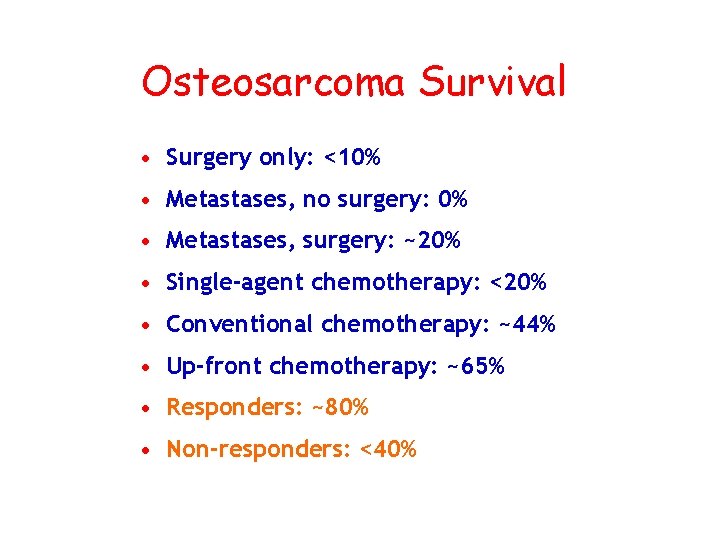 Osteosarcoma Survival • Surgery only: <10% • Metastases, no surgery: 0% • Metastases, surgery: