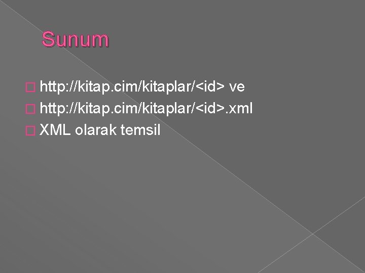 Sunum � http: //kitap. cim/kitaplar/<id> ve � http: //kitap. cim/kitaplar/<id>. xml � XML olarak