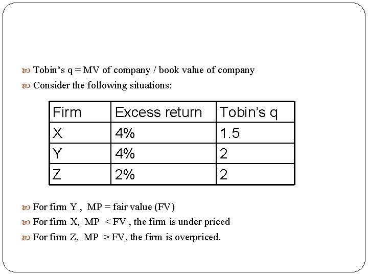  Tobin’s q = MV of company / book value of company Consider the
