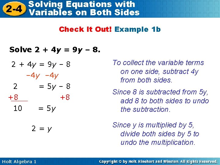 Solving Equations with 2 -4 Variables on Both Sides Check It Out! Example 1