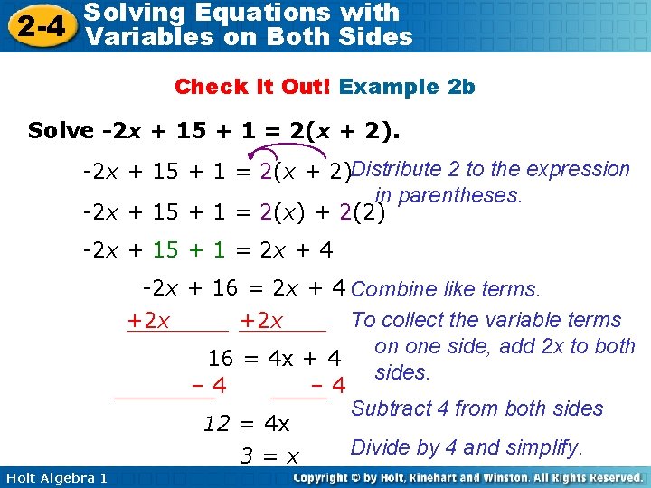 Solving Equations with 2 -4 Variables on Both Sides Check It Out! Example 2