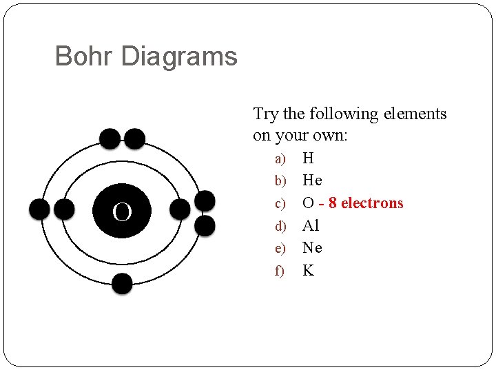 Bohr Diagrams Try the following elements on your own: H b) He c) O