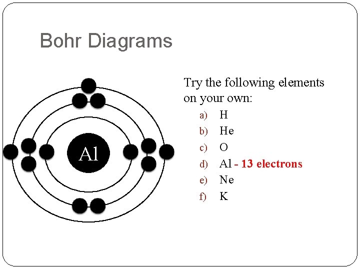Bohr Diagrams Try the following elements on your own: H b) He c) O