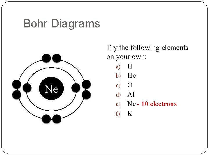Bohr Diagrams Try the following elements on your own: H b) He c) O